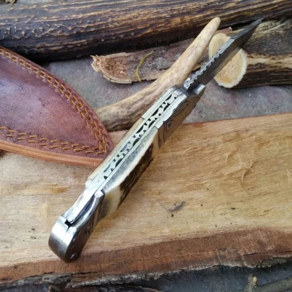 Custom Handmade Damascus Steel hunting Pocket Knife With Lion face Handle Fk 51 5