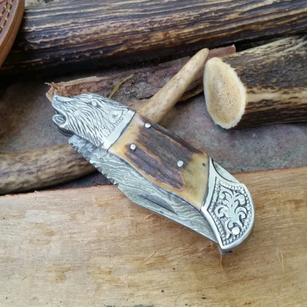 Custom Handmade Damascus Steel hunting Pocket Knife With Lion face Handle Fk 51 6