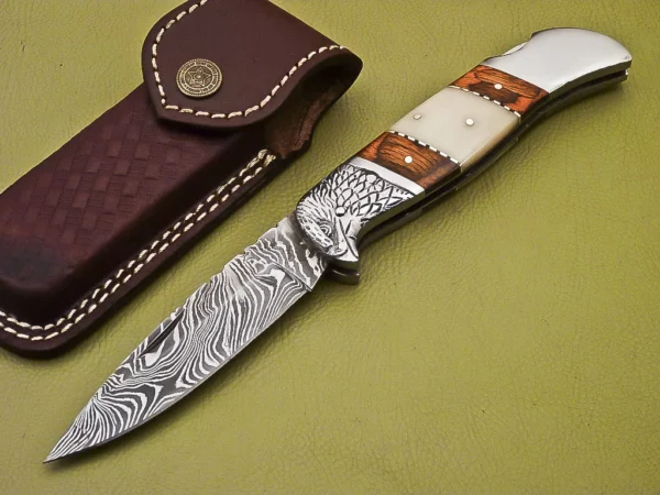 Custom Handmade Eagle Damascus Steel Folding Knife Wood Bone Handle FK 2 1