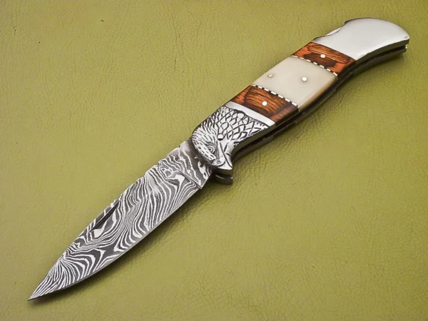 Custom Handmade Eagle Damascus Steel Folding Knife Wood Bone Handle FK 2 2