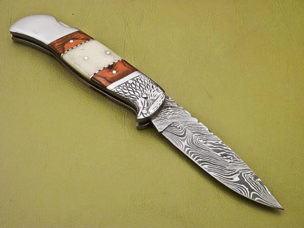 Custom Handmade Eagle Damascus Steel Folding Knife Wood Bone Handle FK 2 3