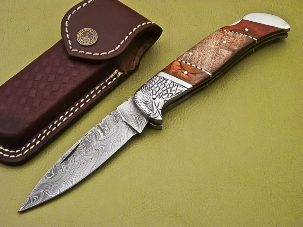 Custom Handmade Eagle Damascus Steel Folding Knife with Wood Handle FK 3 1