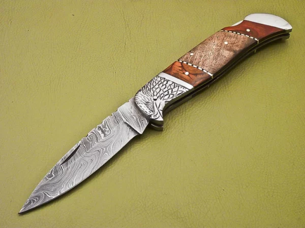 Custom Handmade Eagle Damascus Steel Folding Knife with Wood Handle FK 3 2