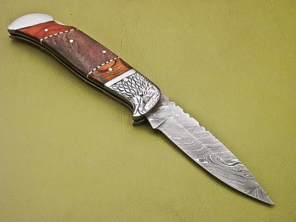 Custom Handmade Eagle Damascus Steel Folding Knife with Wood Handle FK 3 3