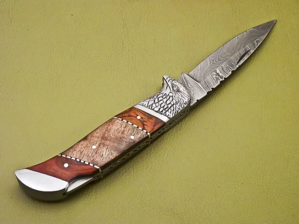 Custom Handmade Eagle Damascus Steel Folding Knife with Wood Handle FK 3 5