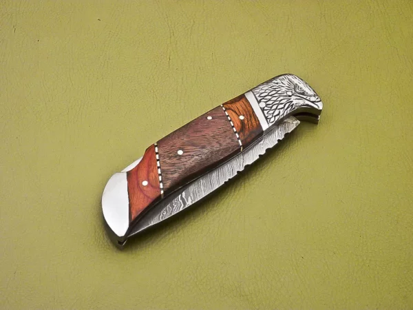 Custom Handmade Eagle Damascus Steel Folding Knife with Wood Handle FK 3 8