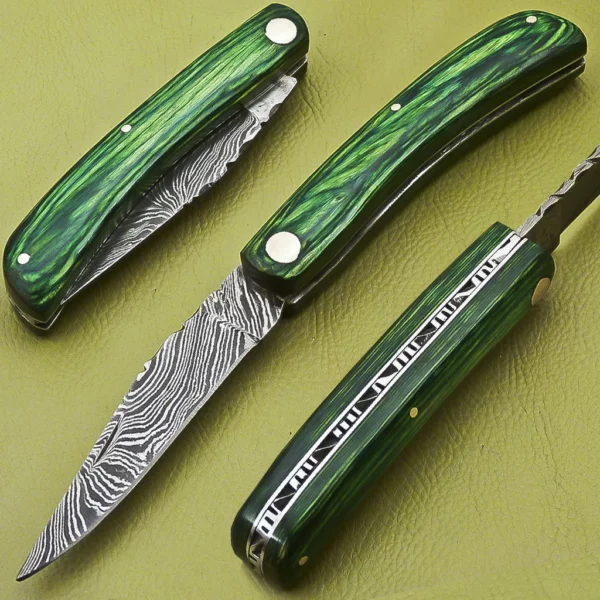 Custom Made Damascus Folding Knife With Colored Pakka Wood Handle Fk 12 1