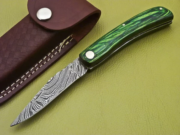 Custom Made Damascus Folding Knife With Colored Pakka Wood Handle Fk 12 2