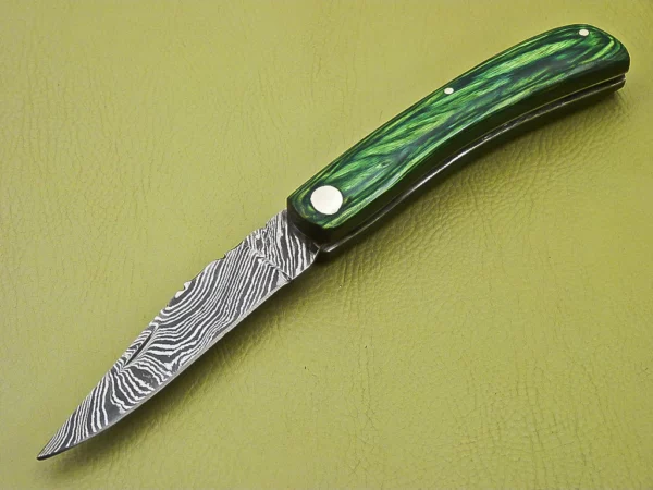 Custom Made Damascus Folding Knife With Colored Pakka Wood Handle Fk 12 3