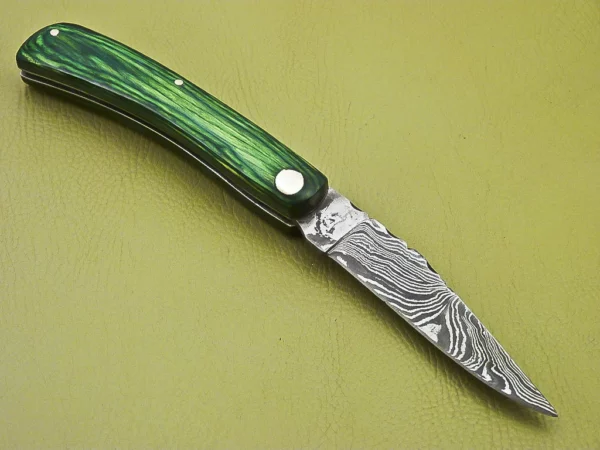 Custom Made Damascus Folding Knife With Colored Pakka Wood Handle Fk 12 4