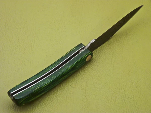 Custom Made Damascus Folding Knife With Colored Pakka Wood Handle Fk 12 7
