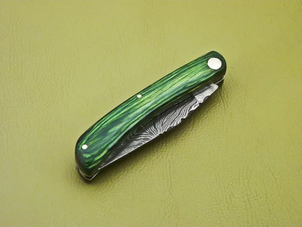 Custom Made Damascus Folding Knife With Colored Pakka Wood Handle Fk 12 9