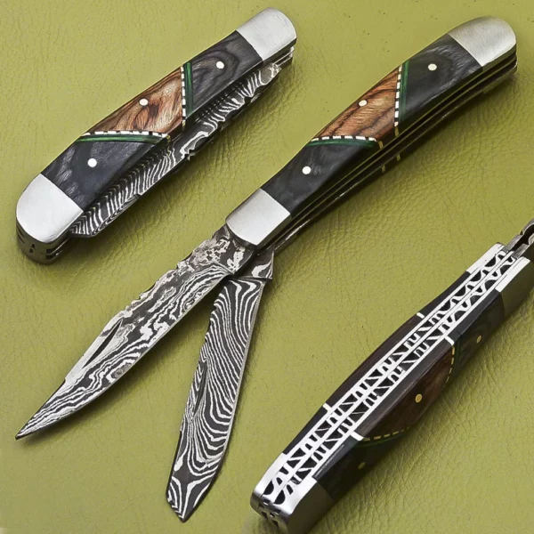 Custom Made Damascus Folding Knife with Colored Wood Handle Fk 27 1