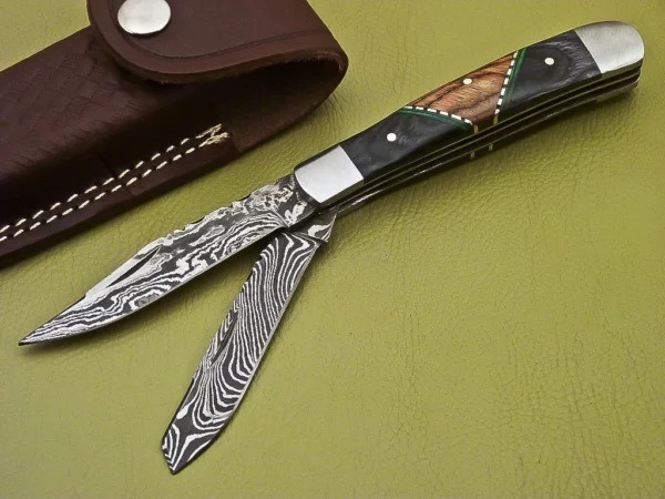 Custom Made Damascus Folding Knife with Colored Wood Handle Fk 27 2