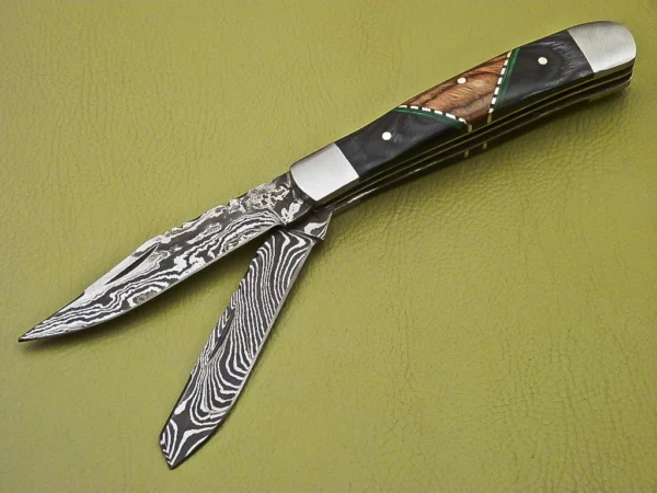 Custom Made Damascus Folding Knife with Colored Wood Handle Fk 27 3
