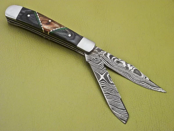 Custom Made Damascus Folding Knife with Colored Wood Handle Fk 27 4