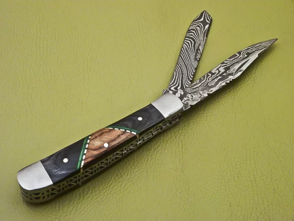 Custom Made Damascus Folding Knife with Colored Wood Handle Fk 27 5