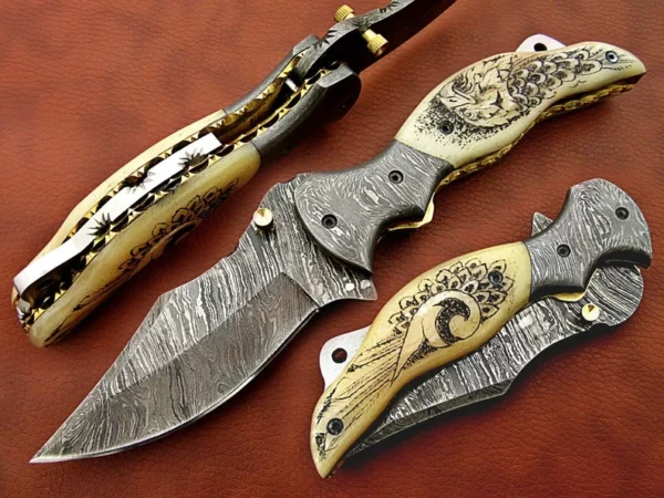 Custom Made Damascus Steel Hunting Pocket Knife With Etching on Camel Bone Handle FK 24 1