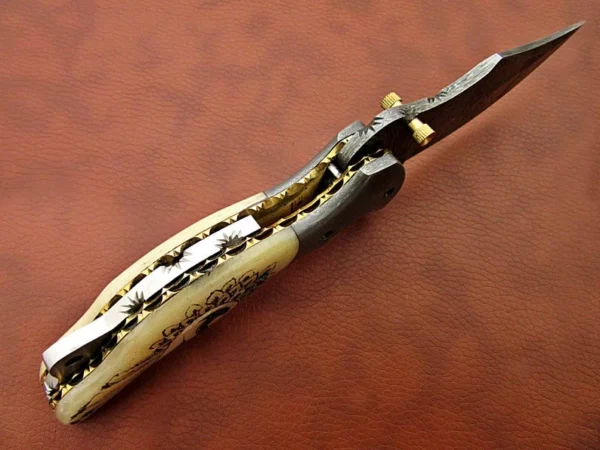 Custom Made Damascus Steel Hunting Pocket Knife With Etching on Camel Bone Handle FK 24 2