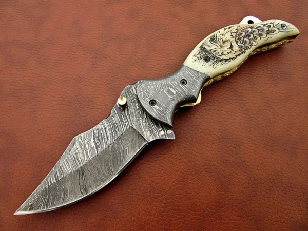 Custom Made Damascus Steel Hunting Pocket Knife With Etching on Camel Bone Handle FK 24 3