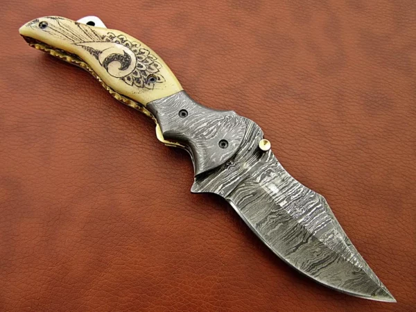 Custom Made Damascus Steel Hunting Pocket Knife With Etching on Camel Bone Handle FK 24 4