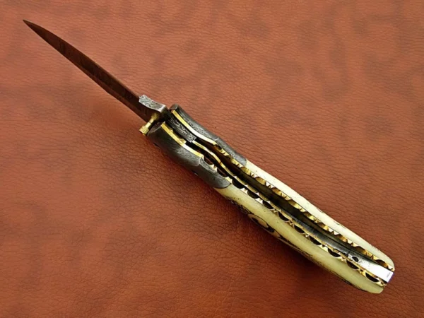 Custom Made Damascus Steel Hunting Pocket Knife With Etching on Camel Bone Handle FK 24 5