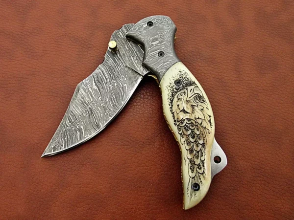 Custom Made Damascus Steel Hunting Pocket Knife With Etching on Camel Bone Handle FK 24 6