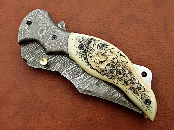 Custom Made Damascus Steel Hunting Pocket Knife With Etching on Camel Bone Handle FK 24 7