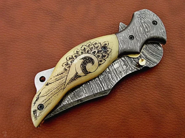 Custom Made Damascus Steel Hunting Pocket Knife With Etching on Camel Bone Handle FK 24 8