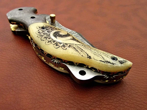 Custom Made Damascus Steel Hunting Pocket Knife With Etching on Camel Bone Handle FK 24 9