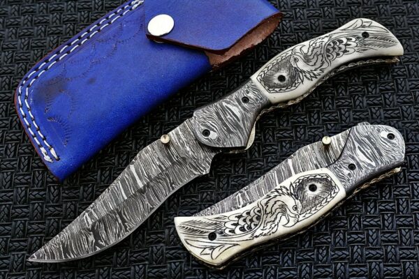 Custom Made Damascus Steel Hunting Pocket Knife With Etching on Camel Bone Handle Fk 40 1