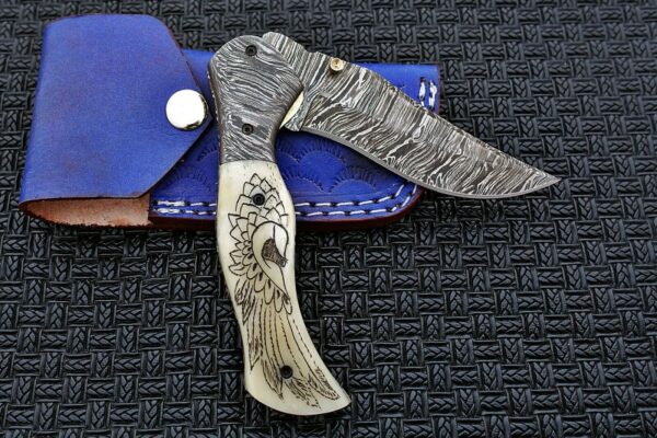 Custom Made Damascus Steel Hunting Pocket Knife With Etching on Camel Bone Handle Fk 40 2