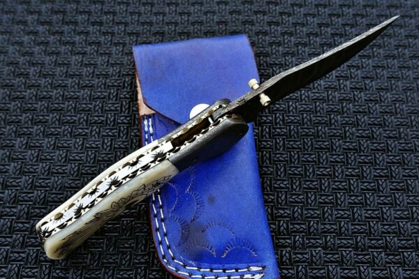 Custom Made Damascus Steel Hunting Pocket Knife With Etching on Camel Bone Handle Fk 40 3