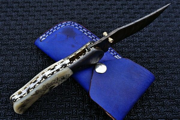 Custom Made Damascus Steel Hunting Pocket Knife With Etching on Camel Bone Handle Fk 40 4