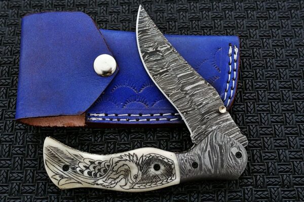 Custom Made Damascus Steel Hunting Pocket Knife With Etching on Camel Bone Handle Fk 40 5