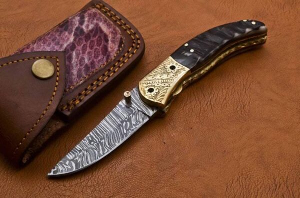 Custom Made Damascus Steel Hunting Pocket Knife with Ram Horn Handle Fk 46 1