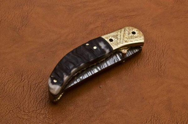 Custom Made Damascus Steel Hunting Pocket Knife with Ram Horn Handle Fk 46 6