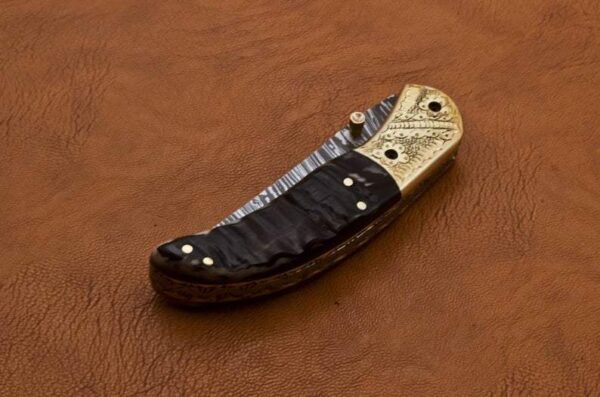 Custom Made Damascus Steel Hunting Pocket Knife with Ram Horn Handle Fk 46 7