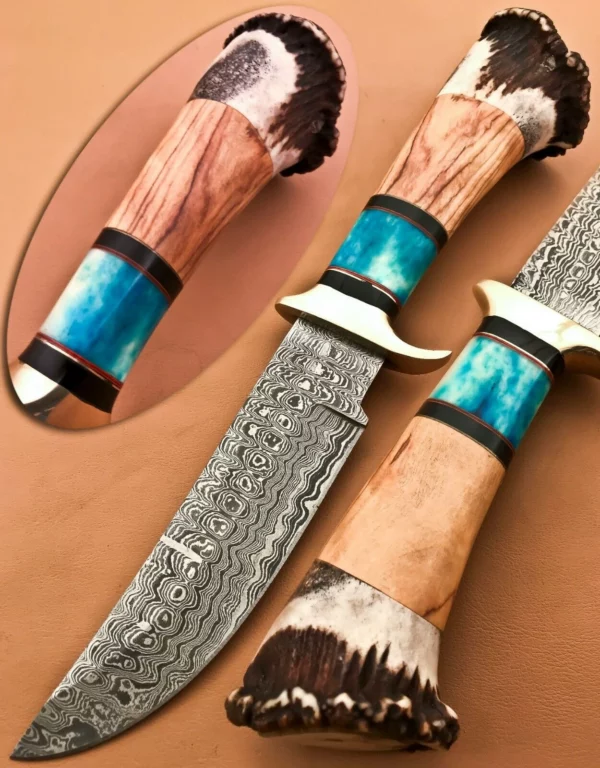 Custom hand Made Damascus Steel Hunting Bowie Knife with Crown Stag Horn Handle BK 33 6