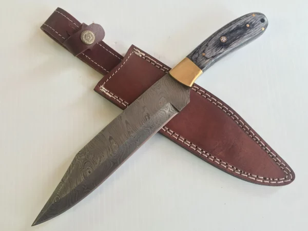 Damascus Steel Bowie Knife With Grey Densified Wood BK 63 1