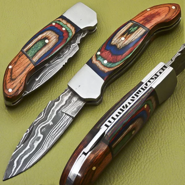 Handmade Damascus Folding Knife with Amazing Color Wooden Handle FK 5 1