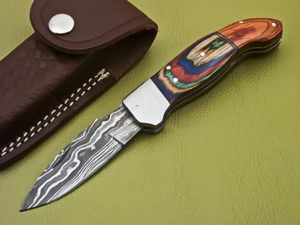 Handmade Damascus Folding Knife with Amazing Color Wooden Handle FK 5 2