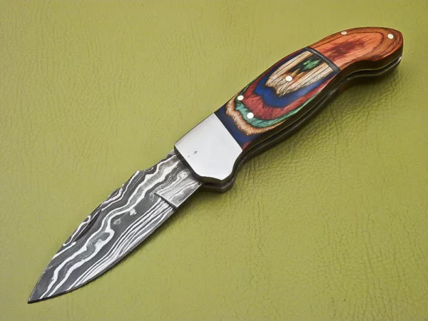 Handmade Damascus Folding Knife with Amazing Color Wooden Handle FK 5 3