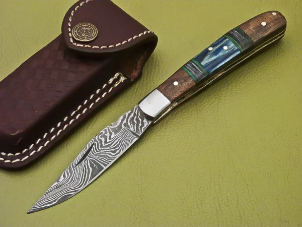 Handmade Damascus Folding Knife with Color Rose Wood Handle Fk 31 1