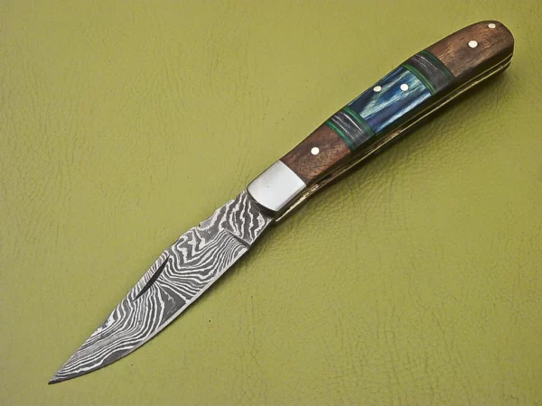 Handmade Damascus Folding Knife with Color Rose Wood Handle Fk 31 2