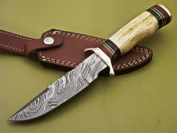 Handmade Damascus Steel Hunting Knife with Color Camel Bone Handle HK 07 1