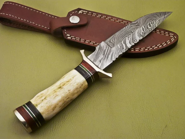 Handmade Damascus Steel Hunting Knife with Color Camel Bone Handle HK 07 3