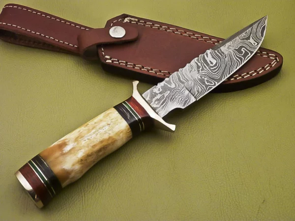 Handmade Damascus Steel Hunting Knife with Color Camel Bone Handle HK 07 4