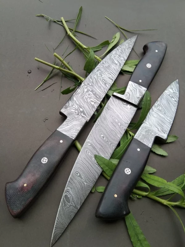 Set of 3 Custom Handmade Damascus Steel Kitchen Knifes with Micarta Handle CK 8 1