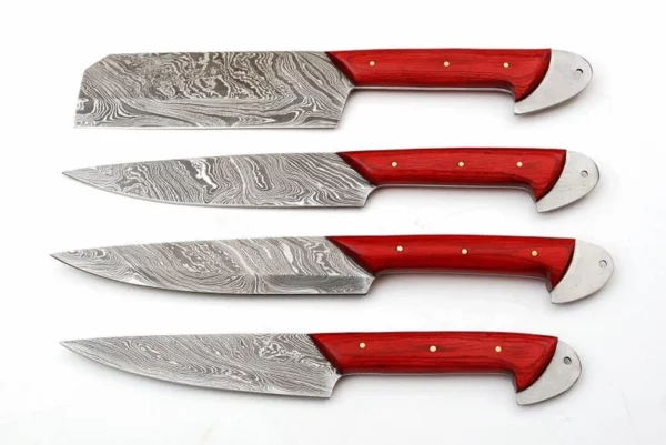 Set of 4 Custom Hand Made Damascus Steel Chef Knife with Red Colored Wood Handle CK 4 1